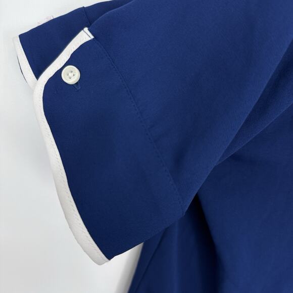 DKNY Chiffon Tie Neck Short Sleeve Button Up Blouse size Large Blue white Trim - Picture 4 of 9